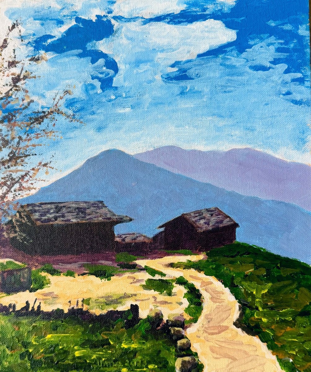 Impressionistic Landscape Acrylic Painting By Uma Krishnamoorthy, 10 X 12", The Mountain Retreat, Original Artwork