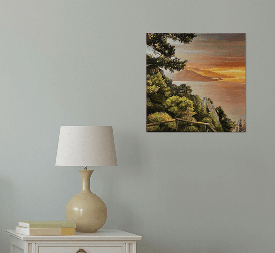 CAPRI SUNSET, Original Vibrant Italian Landscape Square Horizon Oil Painting