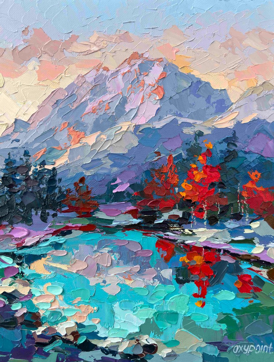 Impressionistic Landscape Oil Painting By Oxypoint, 9 X 12", "The Lake Of Fire And Calm", Original Artwork
