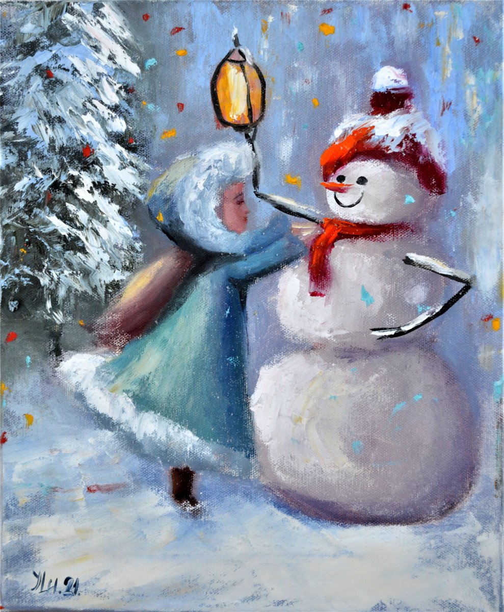 Impressionistic Landscape Oil Painting By Elena Lukina, 10 X 12, Dress Up The Snowman!, Original Artwork
