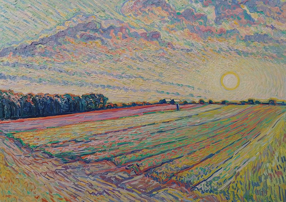 Impressionistic Landscape Oil Painting By Nigel Dickerson, 36 X 28", Tulip Field Sunset, Original Artwork