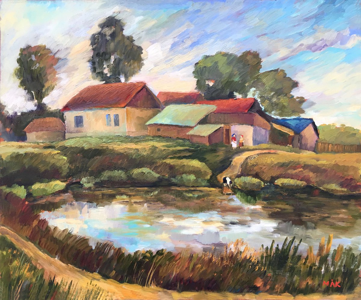VILLAGE - bright colored rural landscape with women near the pond Christmas gift idea home... by Irene Makarova