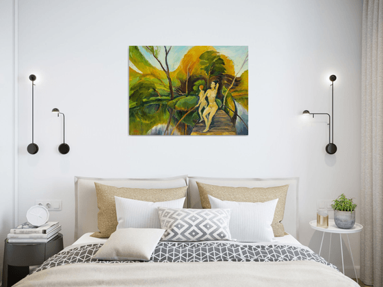 ON THE BRIDGE - woman nude oil painting with two naked girls near the lake bedroom art décor gift idea