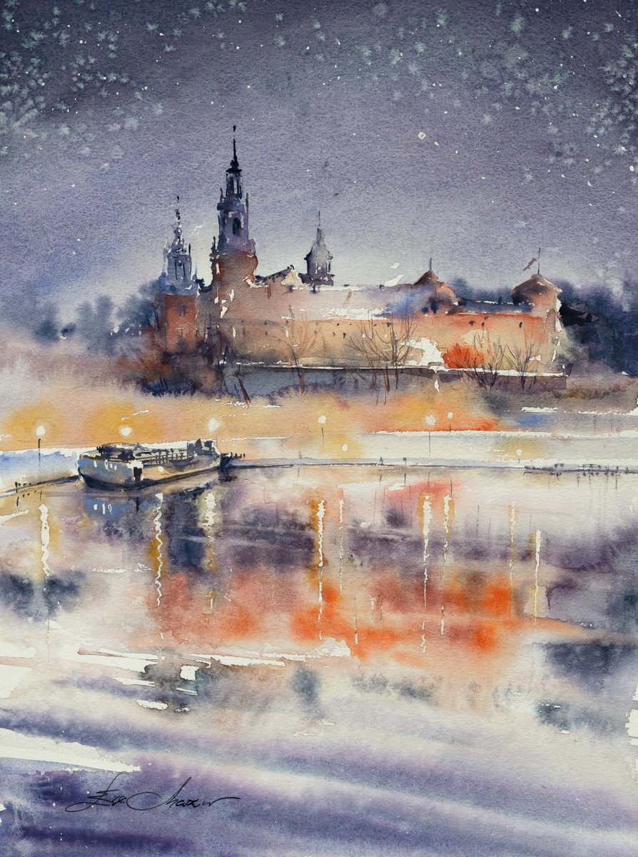 Impressionistic Cityscapes Watercolour By Eve Mazur, 12 X 16, Wawel, Original Artwork