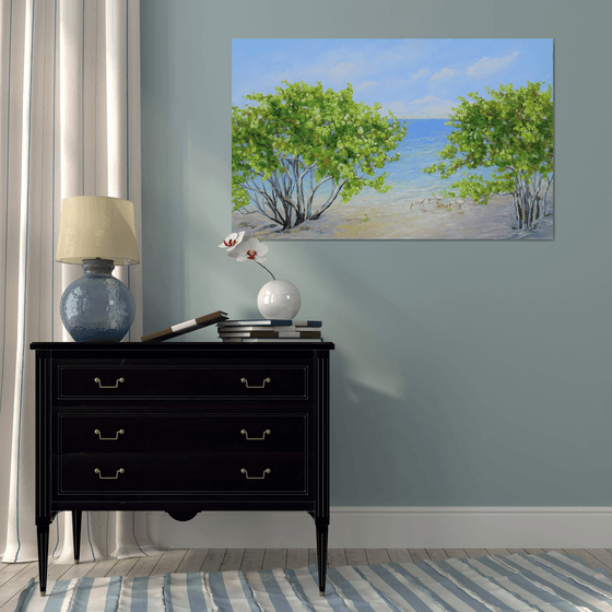 ENDLESS SUMMER. Tropical Island Seascape Painting of Florida Beach and Sea Birds.