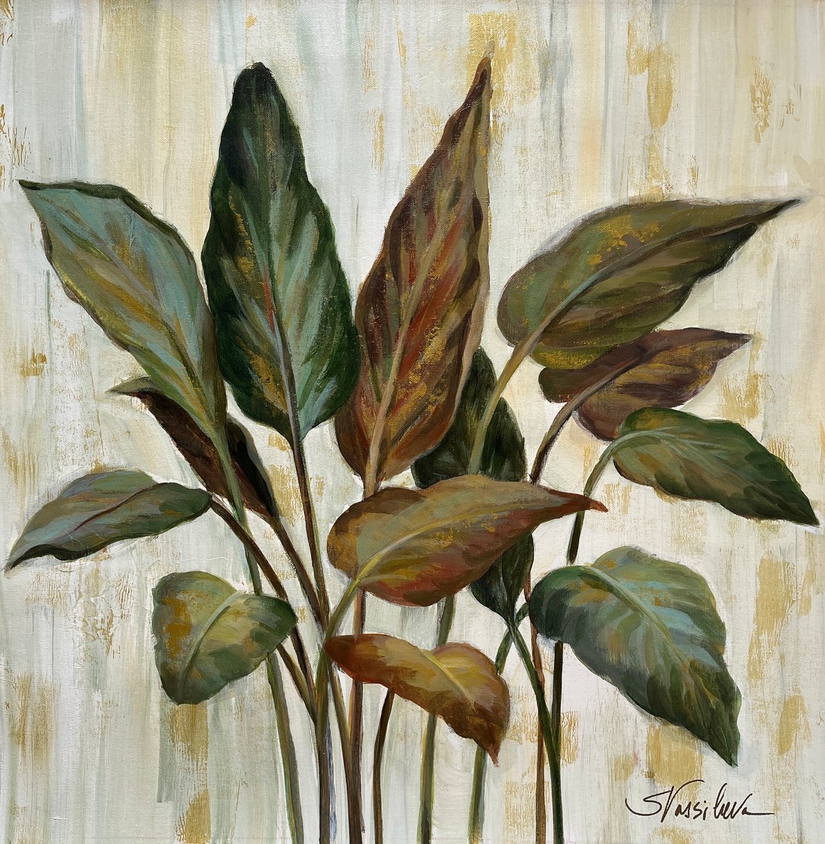 Impressionistic Botanical Acrylic Painting By Silvia Vassileva, 24 X 24", Tropical Leaves, Original Artwork