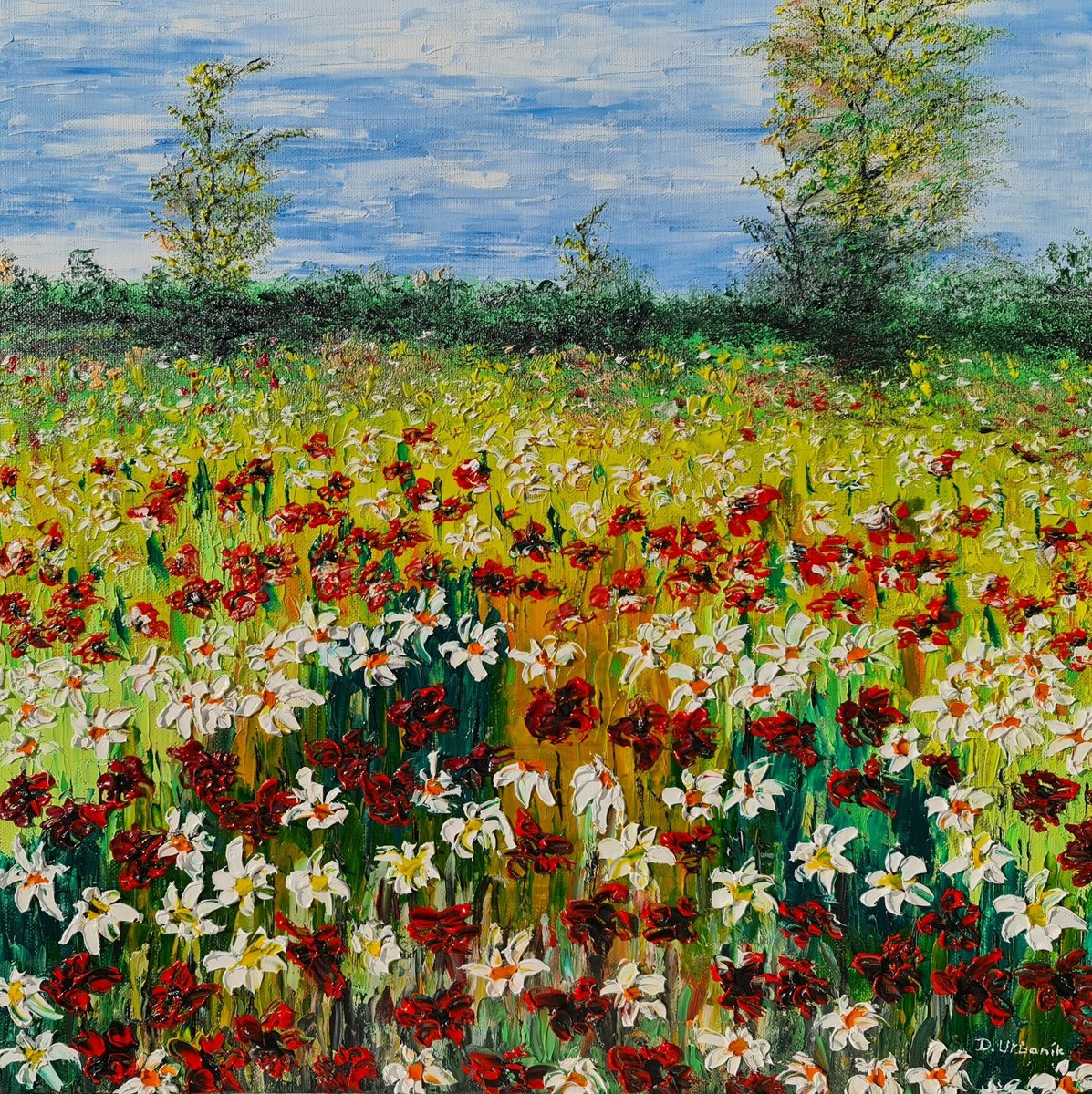 Impressionistic Landscape Oil Painting By Daniel Urbani?k, 16 X 16, Colored Meadow, Original Artwork