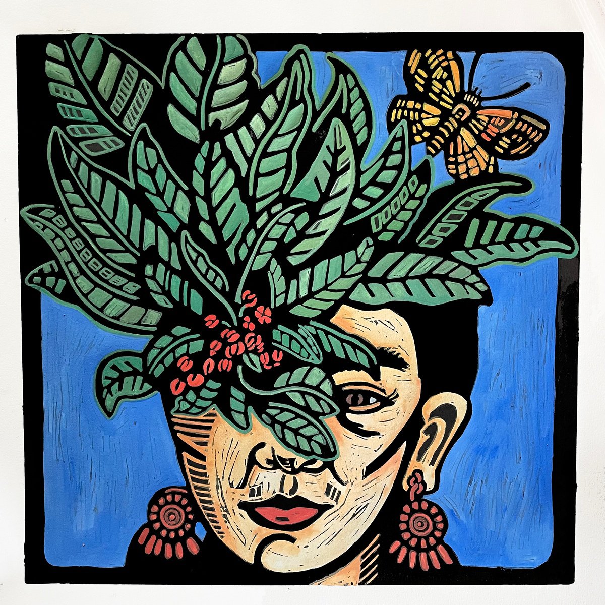 Illustrative Portrait Linocut By Laurel Macdonald, 15 X 15", Frida De Hoya, Original Artwork