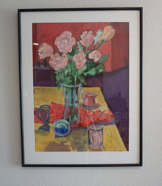 Pink Flowers on Yellow Table