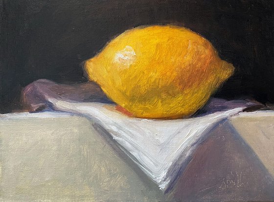 Lemon Still Life original oil realism painting, with wooden frame.