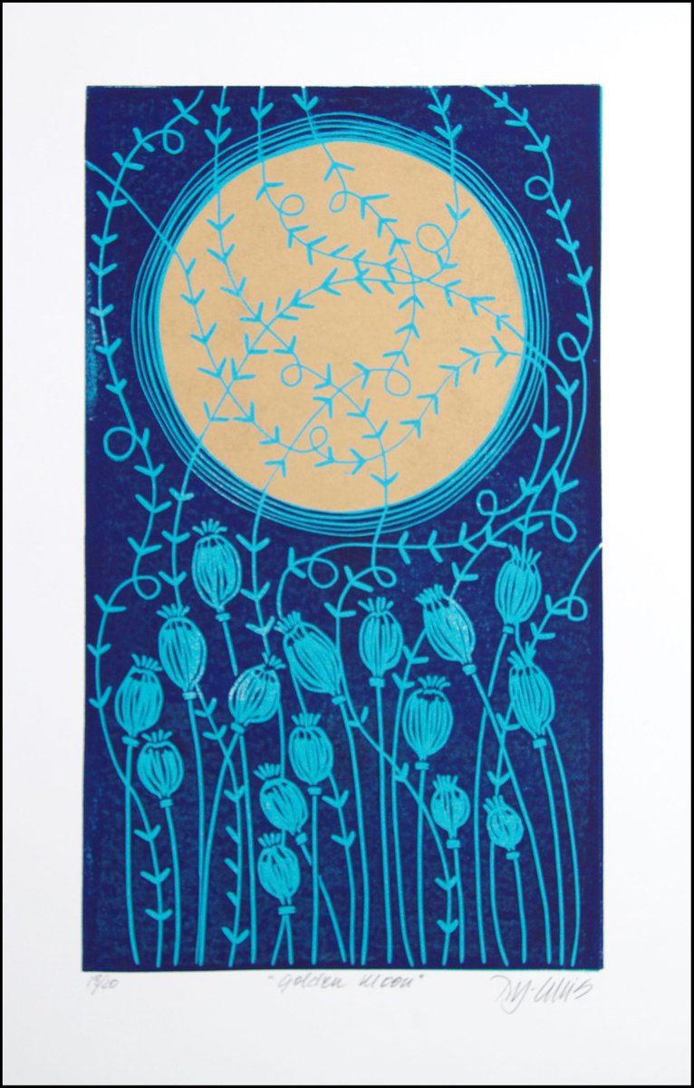 Golden Moon, gold and blue linocut, last prints by Mariann Johansen-Ellis
