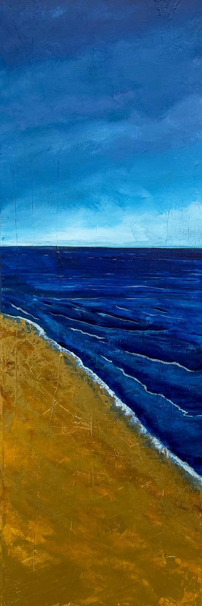 Abstract Landscape Acrylic Painting By Km Arts, 12 X 35", Golden Shoreline, Original Artwork