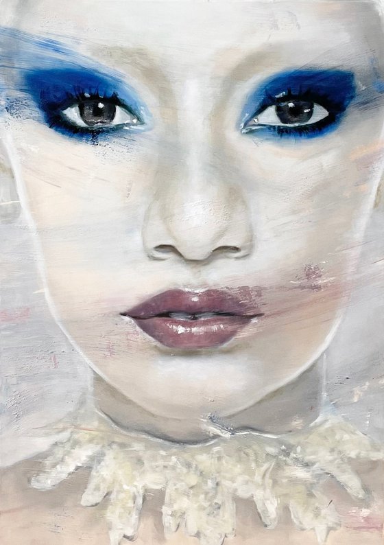 Jazelle | beautiful model with blue eye shadow painting in oil on canvas large contemporary portrait female model