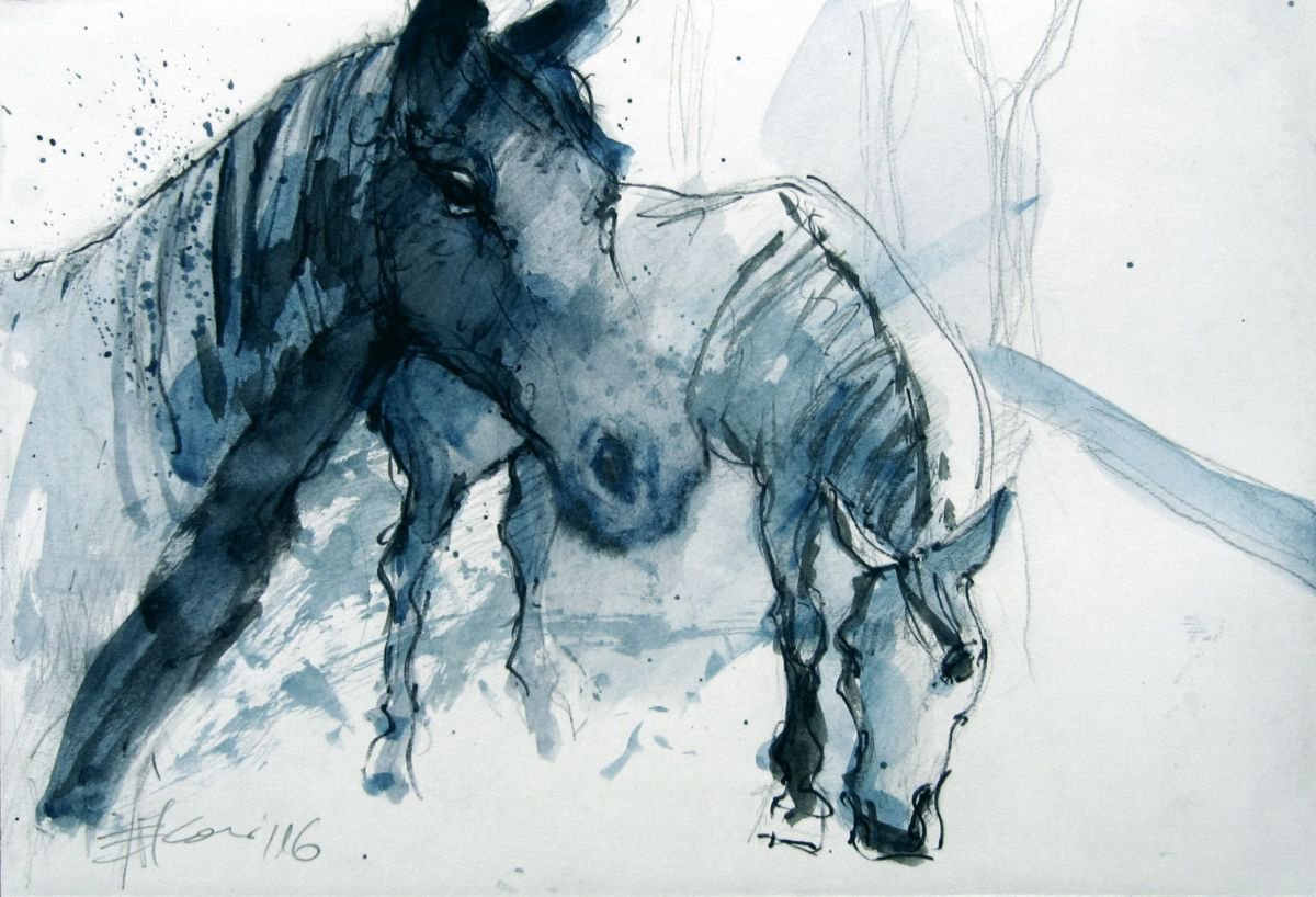 Horses in blue II by Goran igoli? Watercolors
