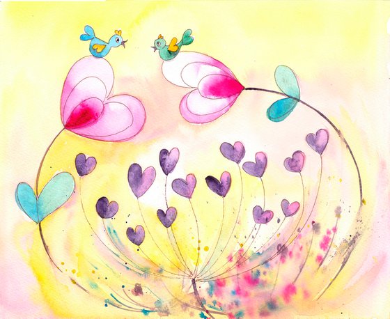 Cute Bird Illustration, Original Painting, Valentines, Watercolour, Heart art, Housewarming, Wedding, Newly Weds, engagement, nursery
