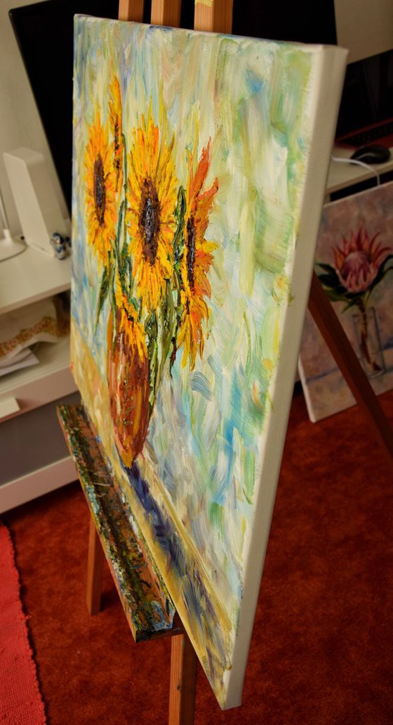 Sunflowers palette knife impasto oil painting on canvas