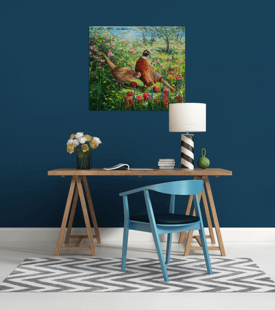 PHEASANTS IN APPLE GARDEN
