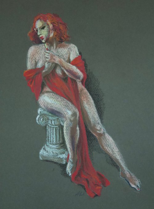 A nude redhead woman in a red drapery holding a mask by Anatol Woolf