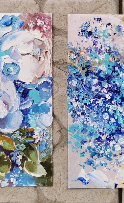 Blue flowers Paintings, Set of 2, Palette knife painting by Annet Loginova