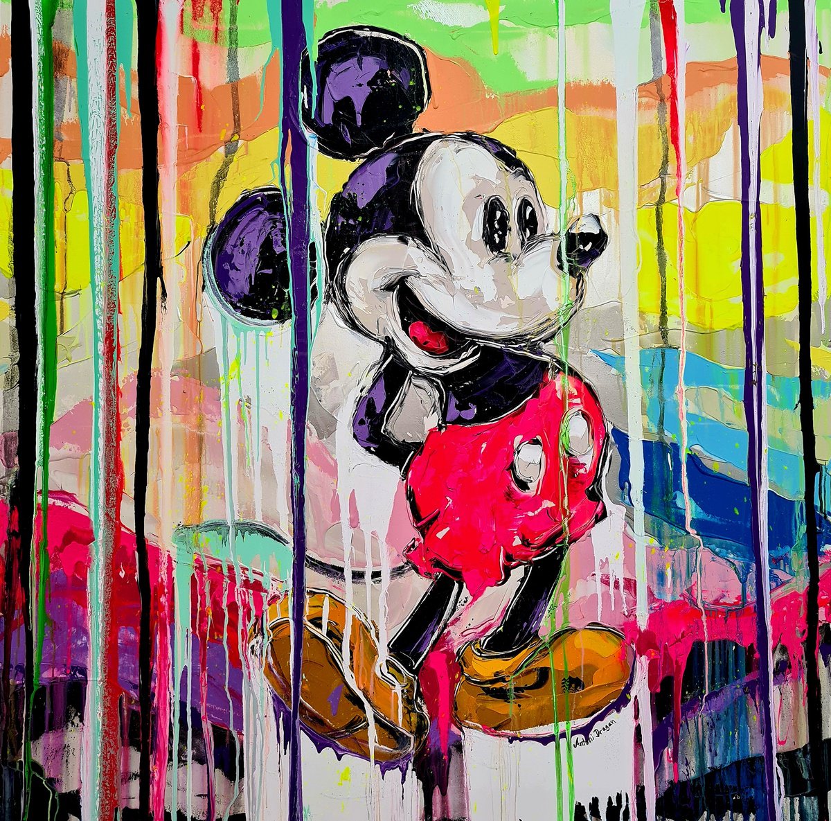 Cartoon Animal Acrylic Painting By Antoni Dragan, 60 X 60, Mickey Broke Up With Minnie ????, Original Artwork