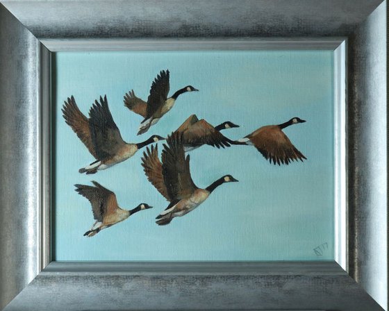 Flying, Geese Painting, Bird Artwork, Framed and Ready to Hang