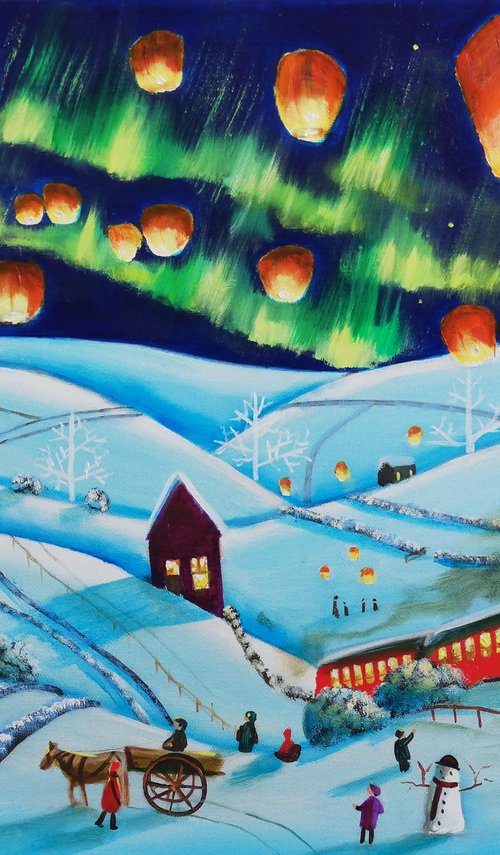 Winter town painting by Gordon Bruce
