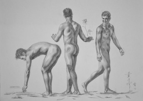 ORIGINAL DRAWING SKETCH CHARCOAL MALE NUDE  MEN ON PAPER#11-12-05