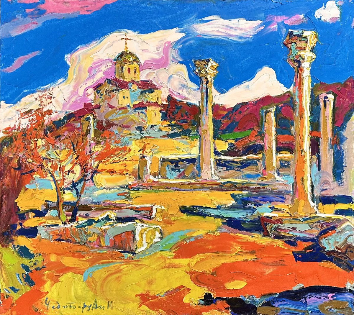 Impressionistic Cityscapes Oil Painting By Andrii Chebotaru, 35 X 31, At Sunset, Original Artwork