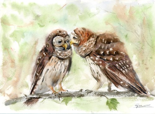 Pair of owls - watercolor painting by Olga Shefranov (Tchefranov)