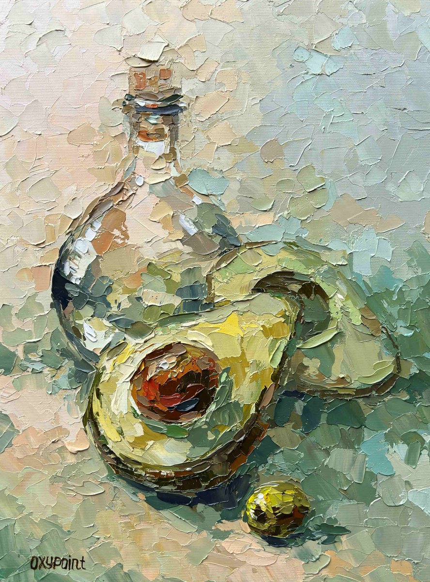 Impressionistic Still Life Oil Painting By Oxypoint, 12 X 16", "Still Life With Avocado", Original Artwork