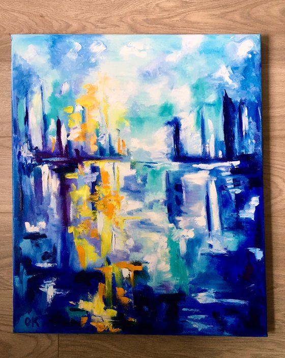 Abstract Blue Dream city, variations of blue colours: ultramarine, navy blue, turquoise, sky blue, cobalt, palette knife original artwork.