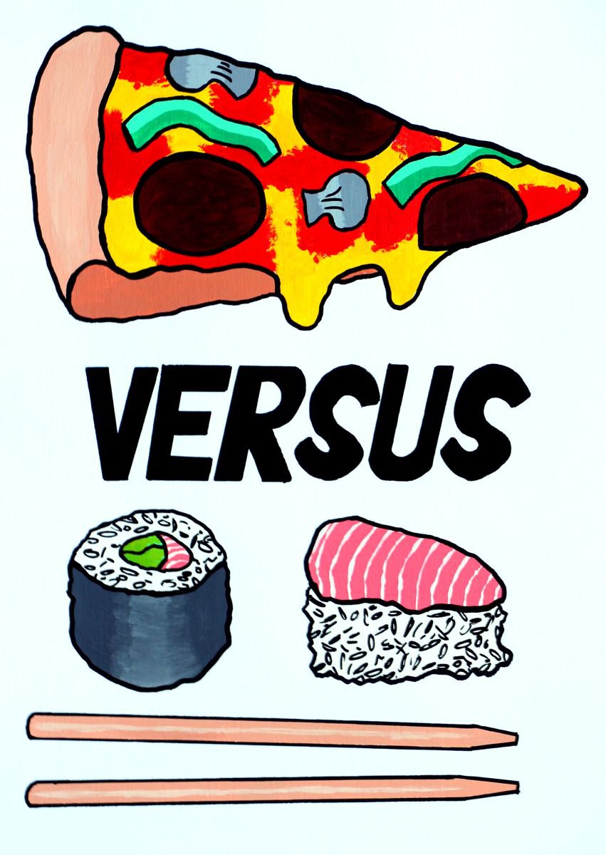 Pizza Versus Sushi - Decisions 2 - Pop Art Painting On A4 Unframed Paper by Ian Viggars