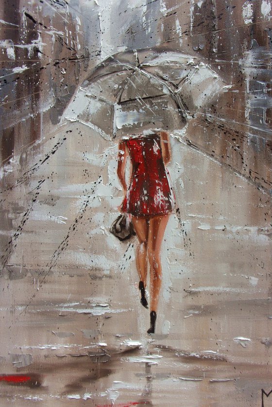 " JULY RAIN "   street spring summer original painting CITY palette knife GIFT