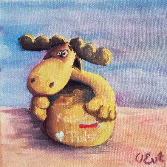Elk Rudolph. Painting for children's room from life. Cervo Rodolfo per la cameretta dei bambini