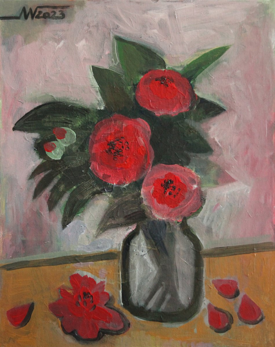 Botanical Acrylic Painting By Marina Gorkaeva, 16 X 20", Camellias, Original Artwork