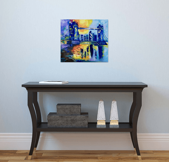 London night, Tower bridge, impressionism.City of London, River Thames, water reflections, sunset, palette knife painting,   variations of blue colours: ultramarine, navy blue, turquoise, sky blue, cobalt, palette knife original artwork.