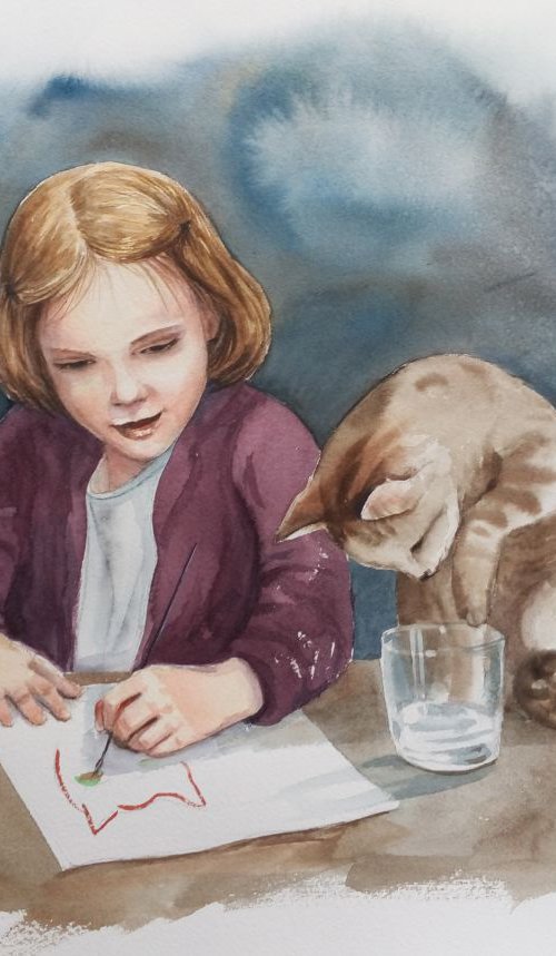 Best Friends - Cute Little Gir by Olga Beliaeva Watercolour