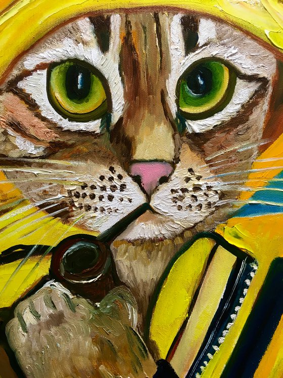 Troy The  Cat, fisherman  oil painting for cat lovers