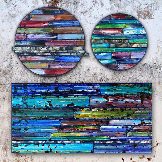 "Are You Not Entertained?" - Save As A Series - Original PMS Sculptural Mixed Media Painting Assemblage Triptych On Circular and Rectangular Wooden Panels - 48 x 48 inches