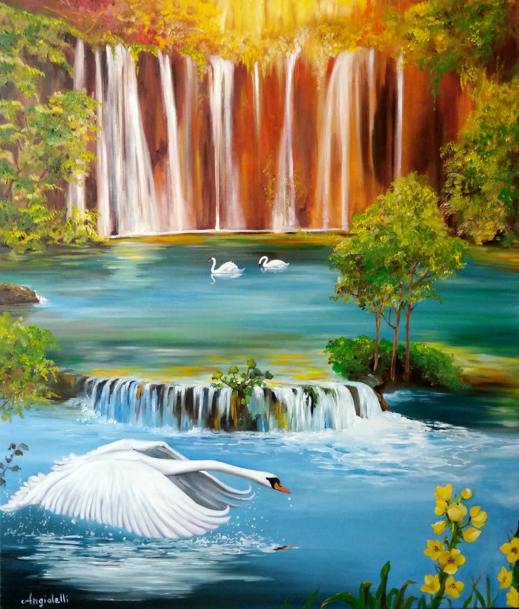 Landscape with swans - lake - oil painting - home decor by Anna Rita Angiolelli