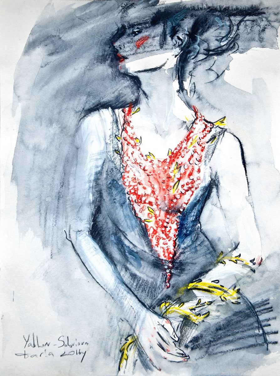 Fashion sketch#2. Woman in floral necklace, bracelets with red berries and green sprouts... by Daria Yablon-Soloviova