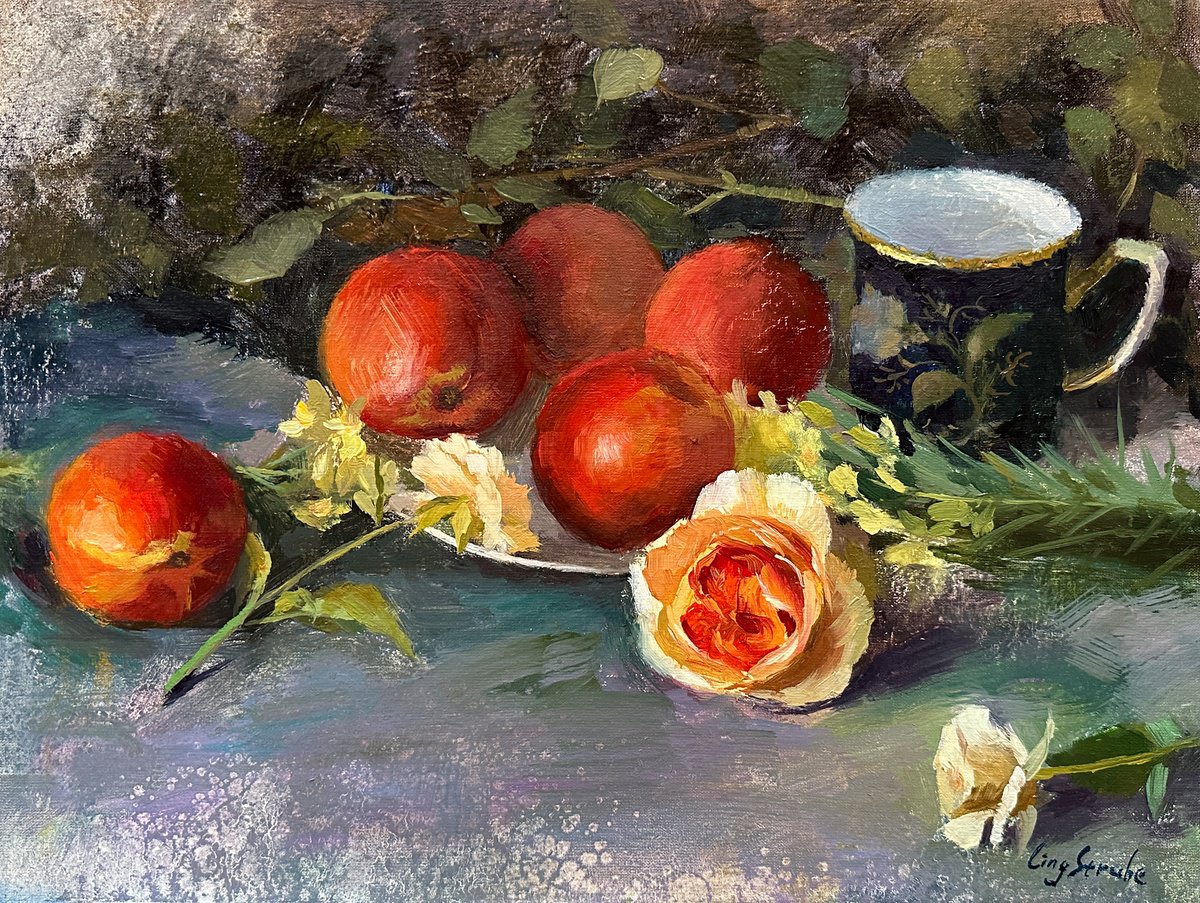 Impressionistic Still Life Oil Painting By Ling Strube, 16 X 12", A Peaceful Moment # 5, Original Artwork
