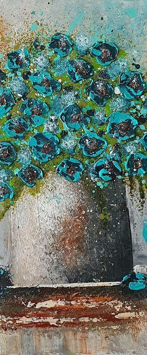 VASE WITH TURQUOISE FLOWERS by Cinzia Mancini