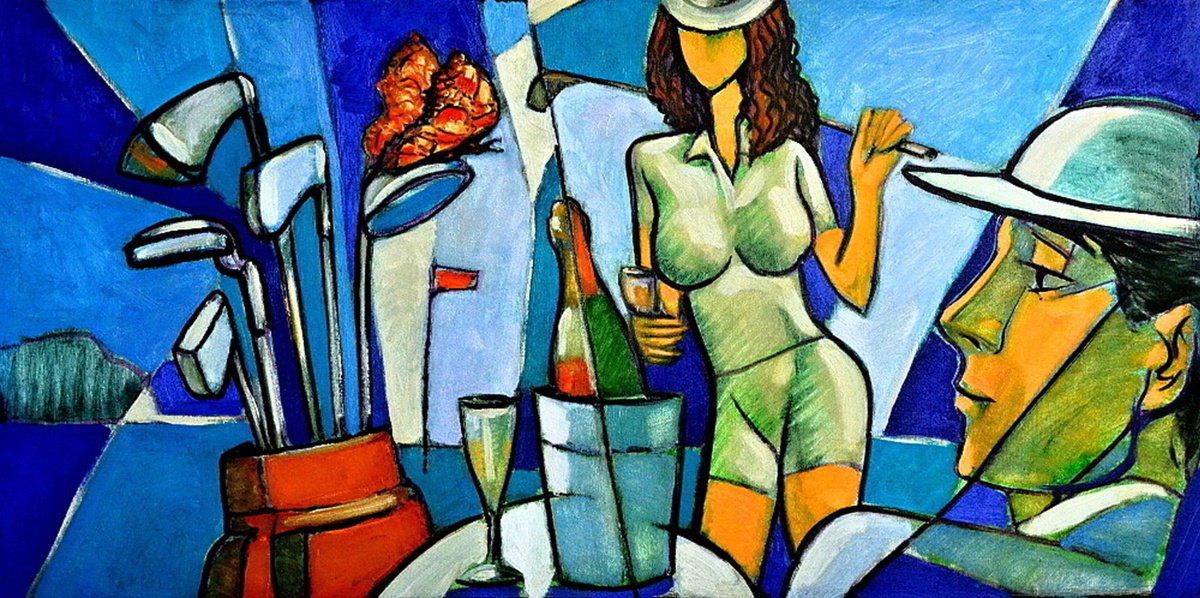 Impressionistic Portrait Oil Painting By Rumen Sazdov, 39 X 20", Golf Dream, Original Artwork