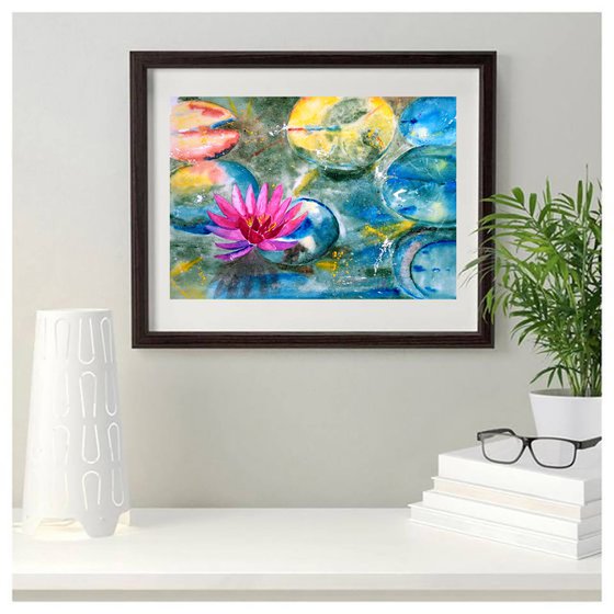 Water Lily Painting Floral Original Art Lotus Watercolor Flowers Artwork Home Wall Art 17 by 12" by Halyna Kirichenko