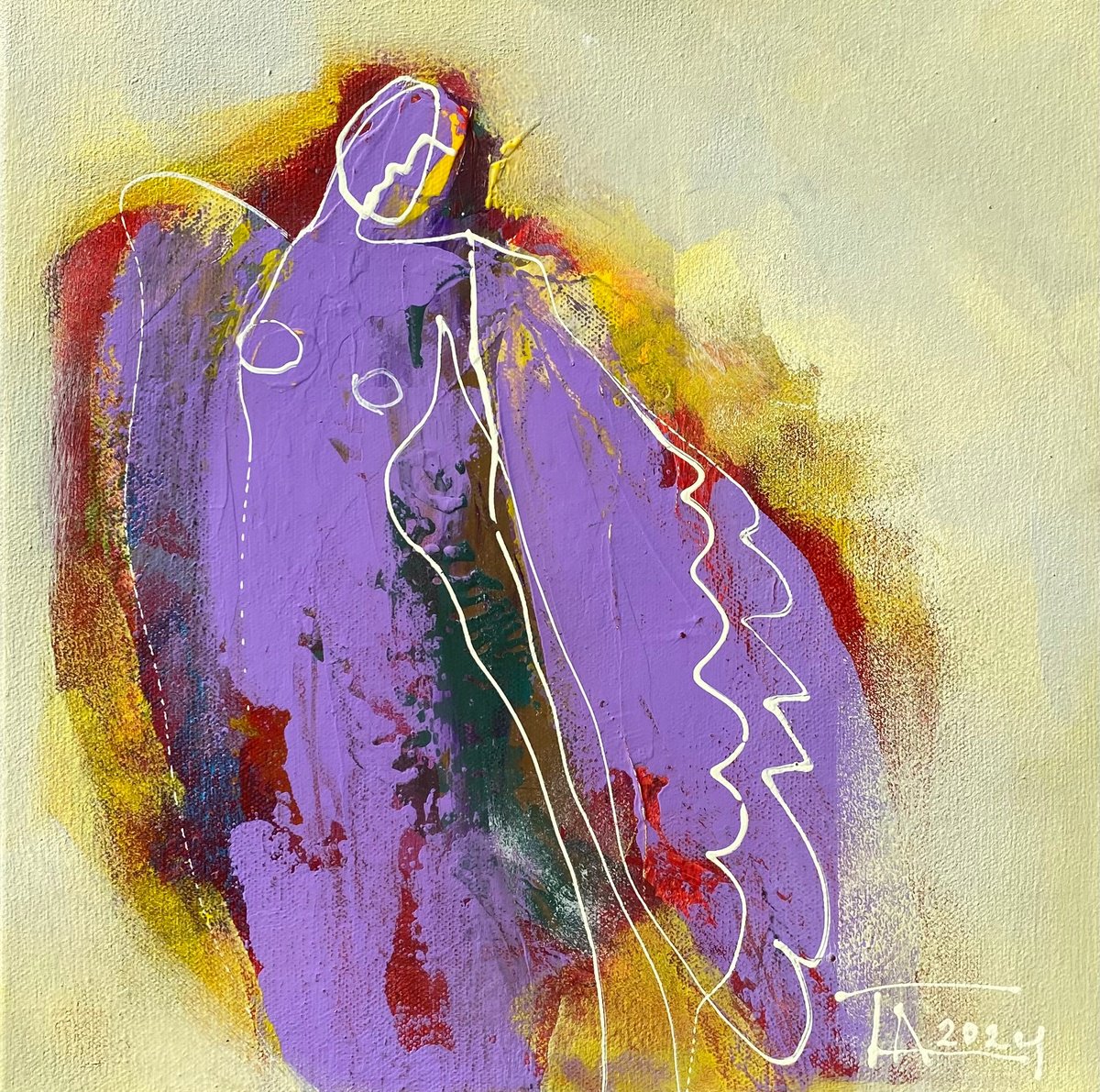 Expressive Portrait Acrylic Painting By Tatjana Auschew, 12 X 12", I Am Your Angel., Original Artwork