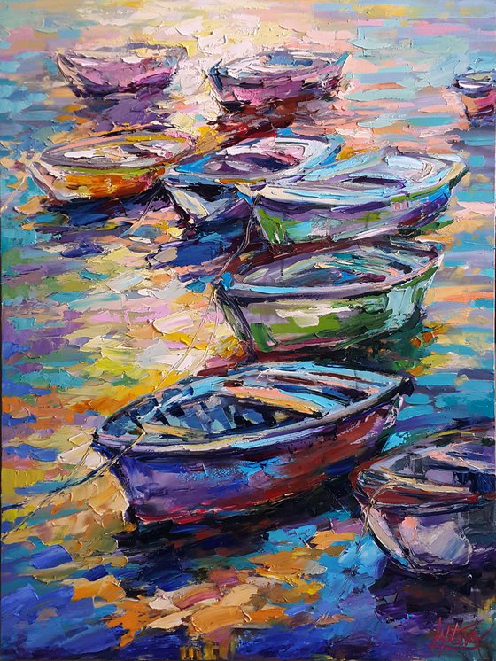 Painting Boats in the bay, landscapes