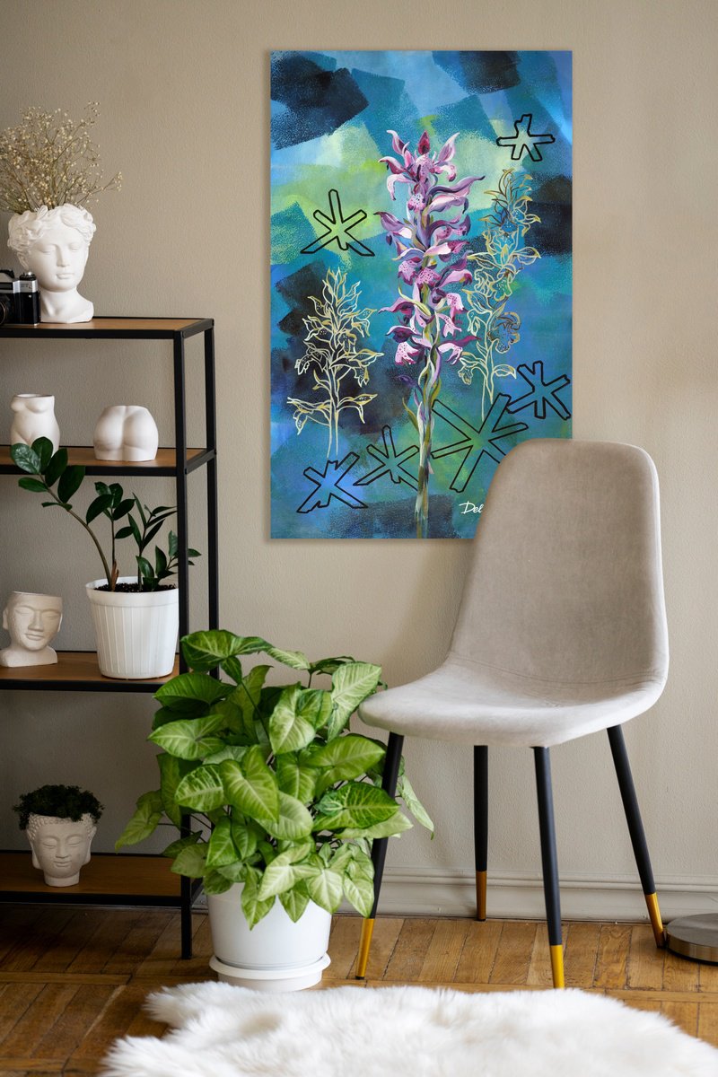 Impressionistic Botanical Acrylic Painting By Delnara El, 22 X 36, Anacamptis Coriophora, Original Artwork