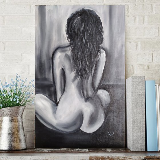 Morning meditation, nude erotic girl sitting oil painting, black and white art