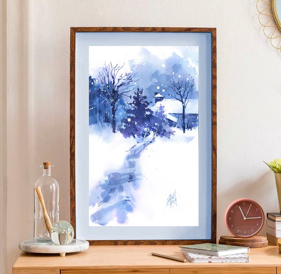 "Let's go listen to the silence" winter landscape in watercolour in blue tones